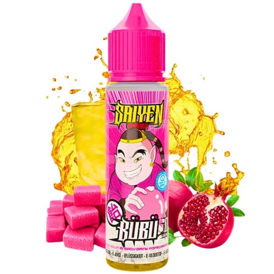Flacon de e-liquide Bübü Saiyen Vapors 50 ml – Swoke, saveur bubble gum, energy drink et grenade, base 50/50, fabrication française.