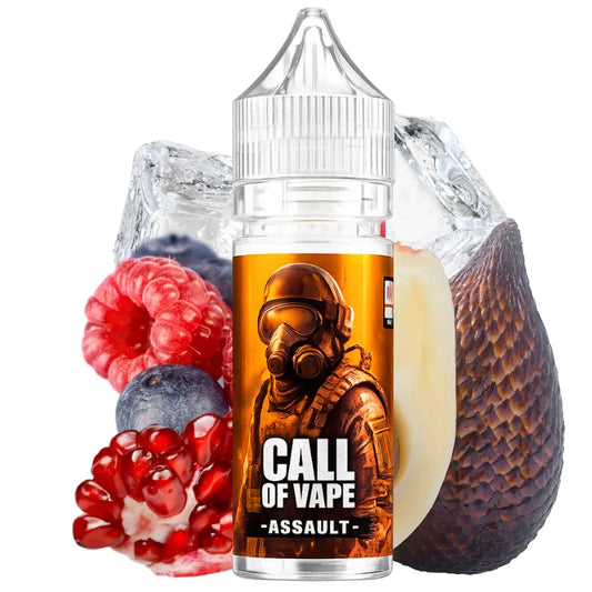 Flacon e-liquide Call of Vape Assault 30ml aux arômes de salak, grenade, myrtille, framboise et fraîcheur glacée.