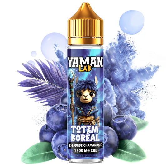 E-liquide CBD Yaman Lab Totem Boréal 2500 mg saveur myrtille, menthe fraîche et notes végétales en flacon 50 ml.