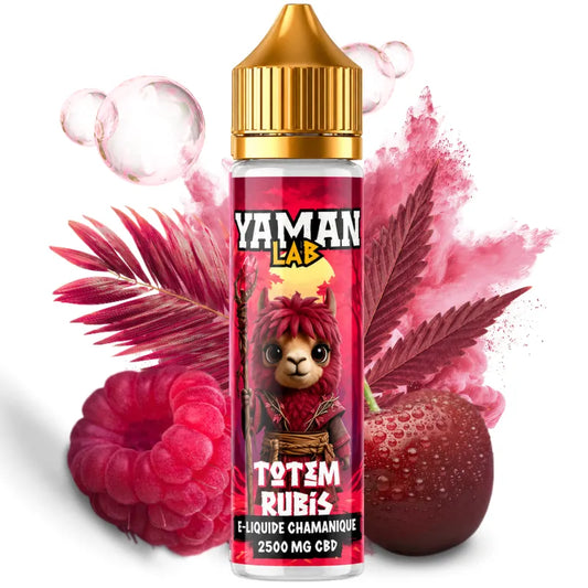 Flacon e-liquide CBD Yaman Lab Totem Rubis 2500 mg aux arômes de framboise et cerise.