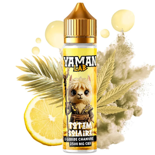 Flacon e-liquide CBD Yaman Lab Totem Solaire 2500 mg aux arômes de chanvre et citron.