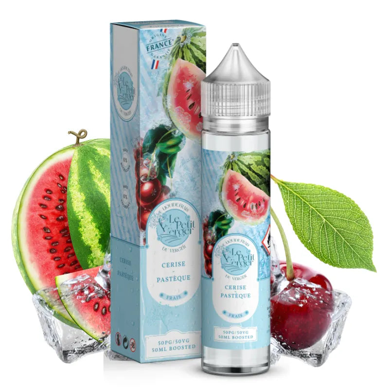 E-liquide Cerise Pastèque Frais 50 ml Le Petit Verger – saveur fruitée et rafraîchissante, cerise et pastèque, fabrication française par Savourea.