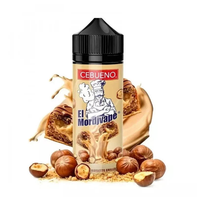 Flacon de e-liquide El Mordjvape 100 ml – Cebueno, saveur pâte à tartiner et noisette grillée, base 40/60, fabriqué en France.
