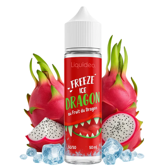 Flacon de e-liquide Freeze Dragon Liquideo 50 ml, saveur fruit du dragon avec une fraîcheur glaciale, fabriqué en France.