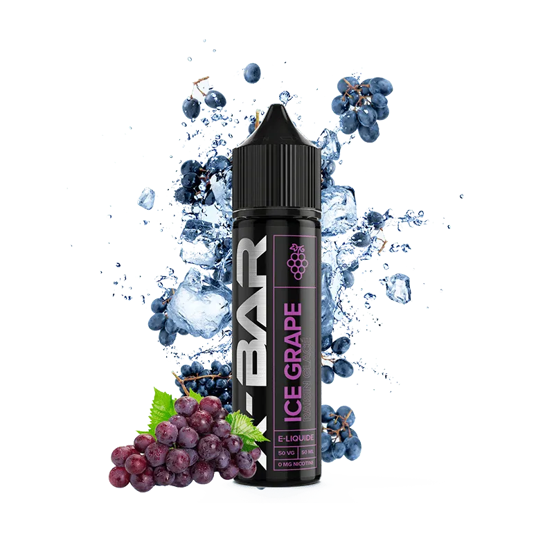 Flacon de e-liquide Ice Grape 50 ml X-Bar, saveur raisin sucré et fraîcheur glacée, base 50/50 PG/VG, fabrication française.