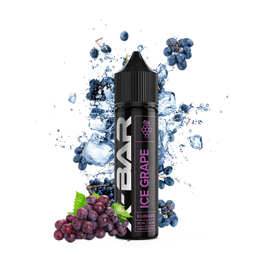 Flacon de e-liquide Ice Grape 50 ml X-Bar, saveur raisin sucré et fraîcheur glacée, base 50/50 PG/VG, fabrication française.