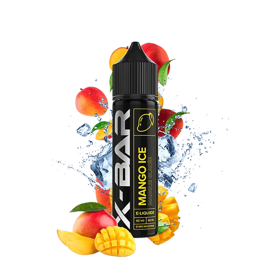 Flacon de e-liquide Ice Mango 50 ml X-Bar, saveur mangue juteuse et fraîcheur glacée, base 50/50 PG/VG, fabrication française.