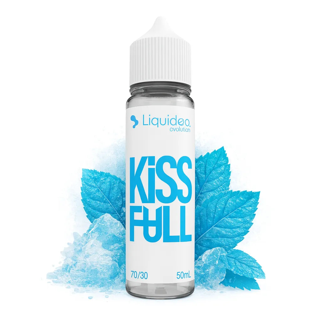 Flacon de e-liquide Kiss Full Liquideo 50 ml, saveur menthe glaciale et fraîcheur intense, base 70/30, fabriqué en France.