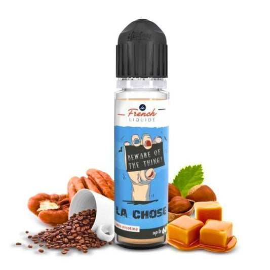 Flacon de e-liquide La Chose 50 ml – Le French Liquide, saveur café, caramel beurre salé et noisette, base 50/50, fabrication française.
