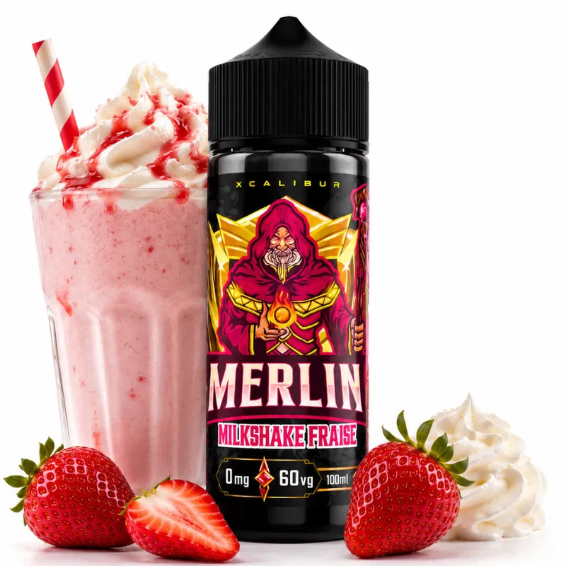 E-liquide Merlin Milkshake Fraise 100 ml Xcalibur, saveur milkshake à la fraise avec chantilly, présenté avec un verre de milkshake à la fraise, des fraises fraîches et de la crème fouettée sur fond blanc.