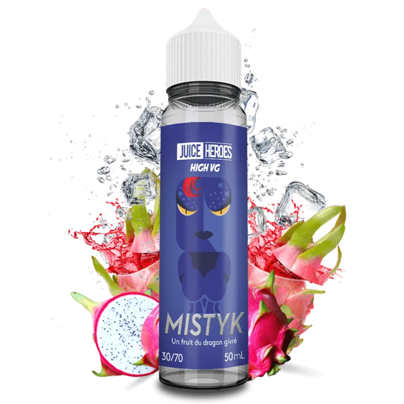 Flacon de e-liquide Mistyk Liquideo 50 ml, saveur fruit du dragon et fraîcheur intense, base 30/70, fabriqué en France.