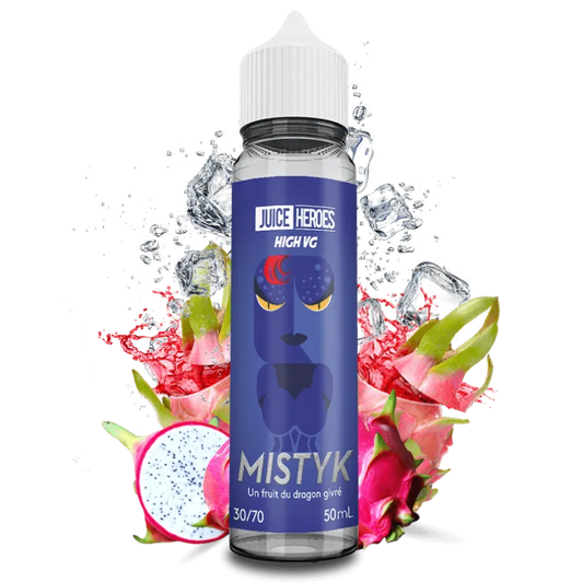 Flacon de e-liquide Mistyk Liquideo 50 ml, saveur fruit du dragon et fraîcheur intense, base 30/70, fabriqué en France.