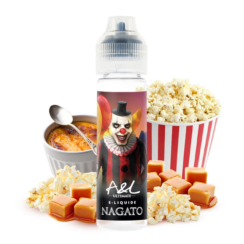 Flacon de e-liquide Nagato 50 ml – A&L, saveur crème brûlée, popcorn et caramel, base 50/50, fabriqué en France.