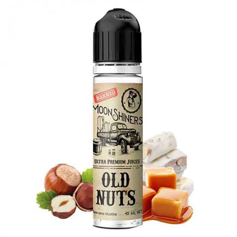 Flacon de e-liquide Old Nuts Moonshiners 60 ml – LIPS Vape, saveur nougat, caramel et noisette, base 50/50, fabriqué en France.
