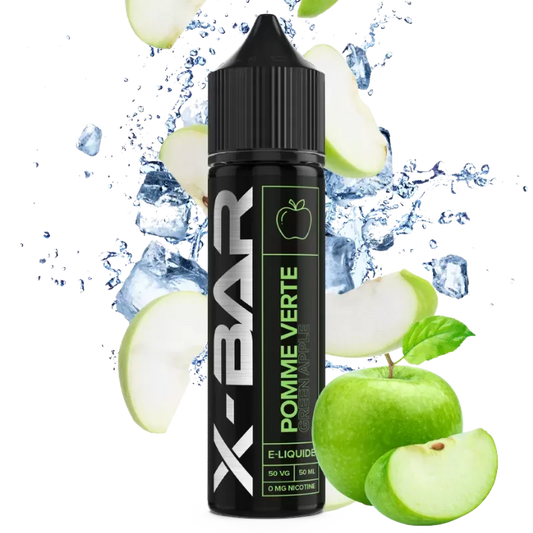 Flacon de e-liquide Pomme Verte 50 ml X-Bar, saveur pomme croquante et fraîche, base 50/50 PG/VG, fabrication française.