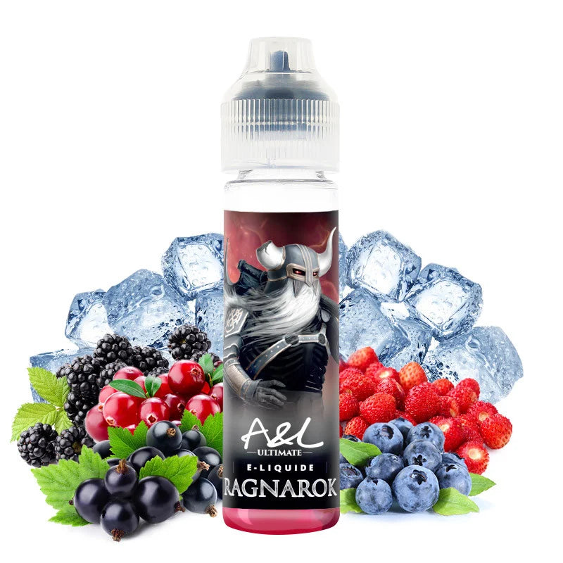 Flacon de e-liquide Ragnarok Ultimate 50 ml – A&L, saveur fruits rouges et fraîcheur, version Green Edition sans édulcorant.
