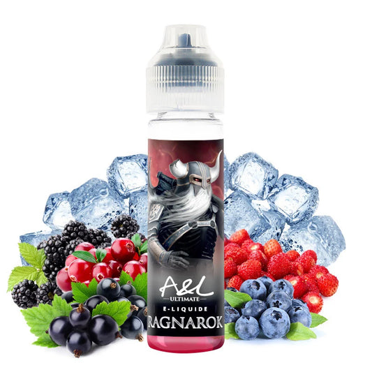Flacon de e-liquide Ragnarok Ultimate 50 ml – A&L, saveur fruits rouges et fraîcheur, version Green Edition sans édulcorant.
