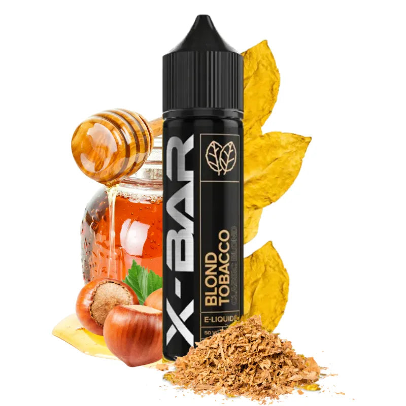 Flacon de e-liquide Tabac Blond 50 ml – X-Bar, saveur tabac doré, miel et noisette grillée, base 50/50, fabriqué en France.