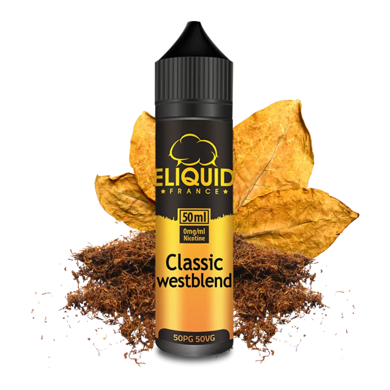 Flacon de e-liquide Westblend 50 ml Eliquid France, saveur tabac blond classique, base 50/50 PG/VG, fabrication française.