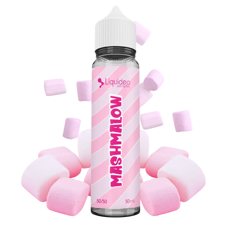 Flacon de e-liquide Mashmalow 50 ml Liquideo, saveur guimauve fondante et sucrée, base 50/50 PG/VG, fabrication française.