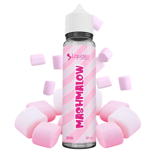 Flacon de e-liquide Mashmalow 50 ml Liquideo, saveur guimauve fondante et sucrée, base 50/50 PG/VG, fabrication française.