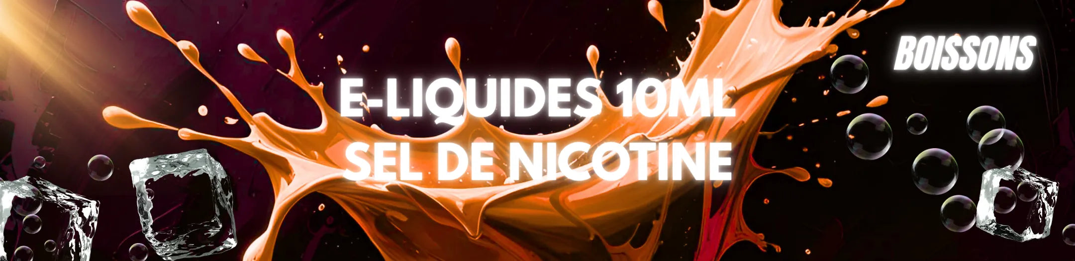 Éclaboussure orangée et glaçons illustrant les e-liquides boissons au sel de nicotine 10ml de Vapeurz, inspirés des saveurs de sodas, cafés glacés et cocktails pour une vape douce et rafraîchissante.