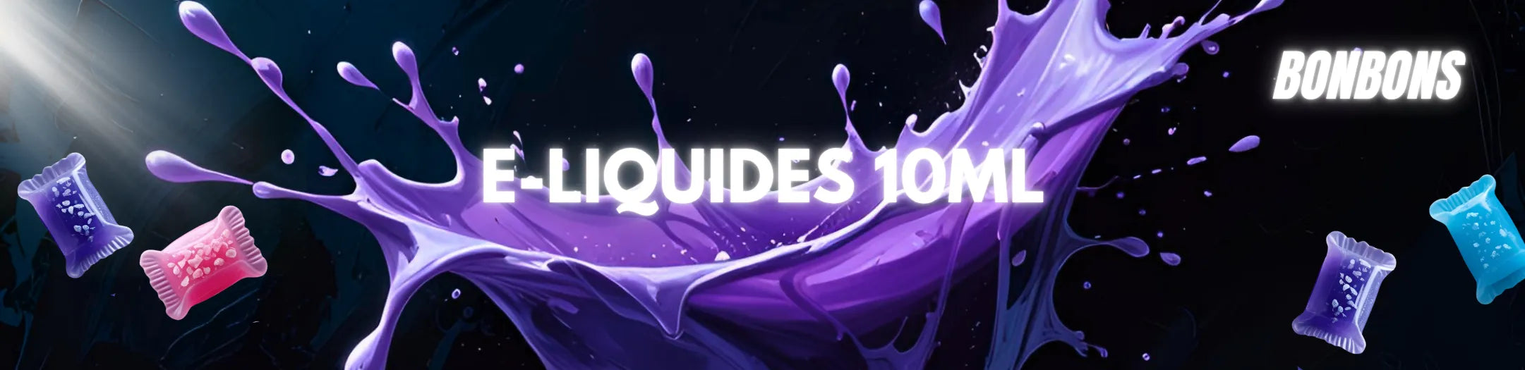 Illustration violette et colorée représentant les e-liquides bonbons 10ml de Vapeurz, aux saveurs sucrées et acidulées inspirées des confiseries pour une vape gourmande et fun.