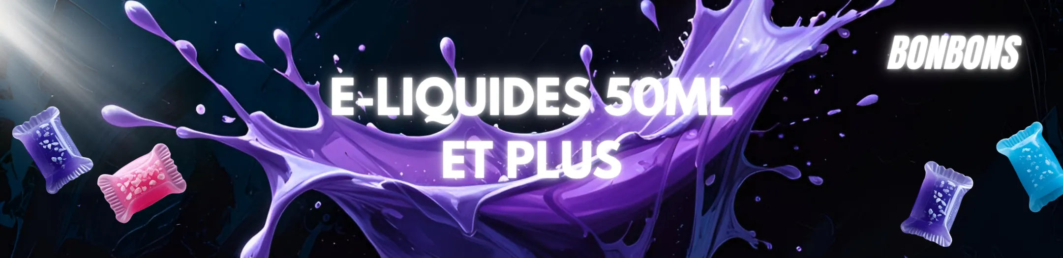 Éclaboussure violette et colorée représentant les e-liquides bonbons 50ml et plus de Vapeurz, aux saveurs sucrées et acidulées pour une vape généreuse et pleine de nostalgie.
