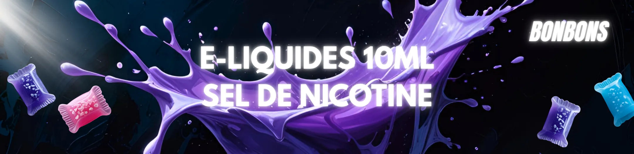 Illustration violette et colorée représentant les e-liquides bonbons au sel de nicotine 10ml de Vapeurz, aux saveurs sucrées et acidulées pour une vape douce, rapide et pleine de plaisir.
