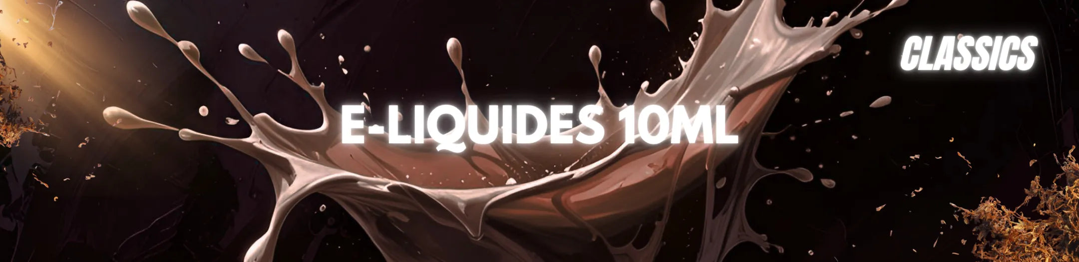 Éclaboussure brune illustrant les e-liquides classics 10ml de Vapeurz, aux saveurs tabac blond, brun et classique pour une vape authentique et équilibrée.