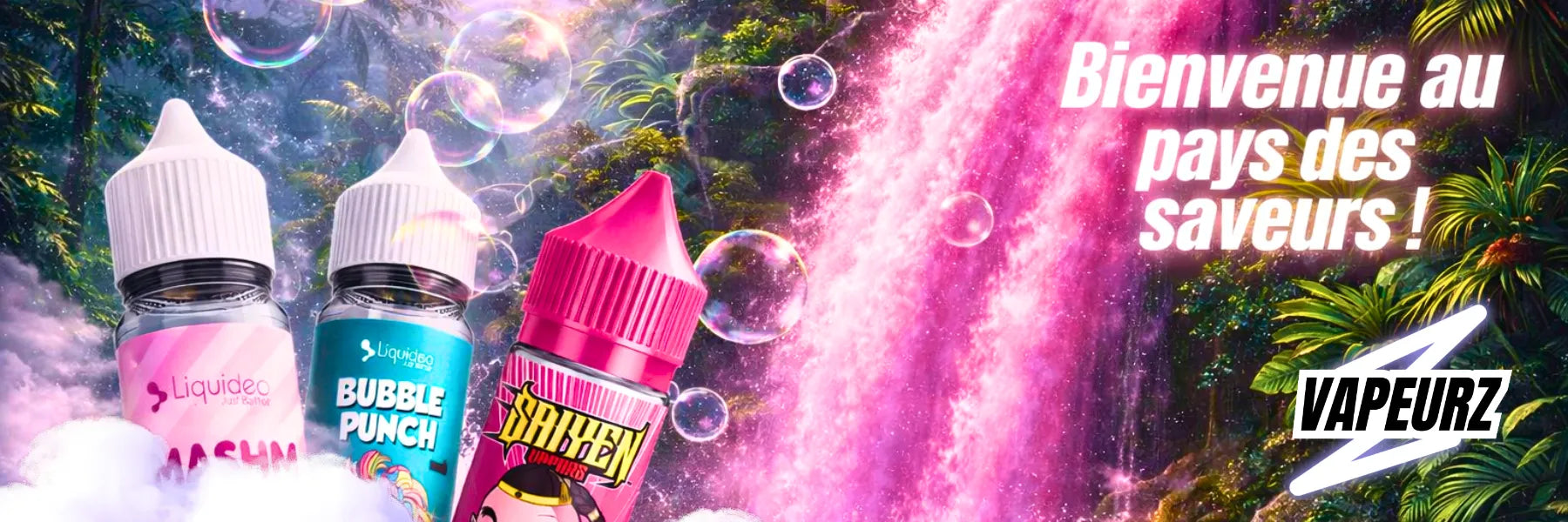 Bannière Vapeurz présentant l’ensemble des e-liquides pour cigarette électronique, avec toutes les saveurs disponibles : fruits, gourmands, bonbons et frais.