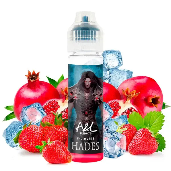 E-liquide Hades 50ml Ultimate par Arômes et Liquides, saveurs fraise et grenade avec une touche de fraîcheur, flacon sur fond de fruits rouges et glaçons.