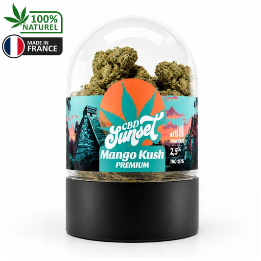Fleur CBD Mango Kush Premium 2,5 g Sunset cbd dans son emballage transparent, cultivée en France, 100 % naturelle, avec un taux de THC inférieur ou égal à 0,3 %.