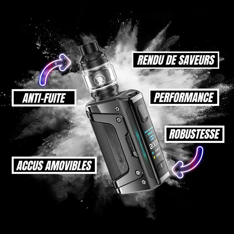 GeekVape Aegis Legend 5 – Kit 200W, double accu 18650, clearomiseur Z Subohm anti-fuite, grande autonomie et rendu de saveur exceptionnel.