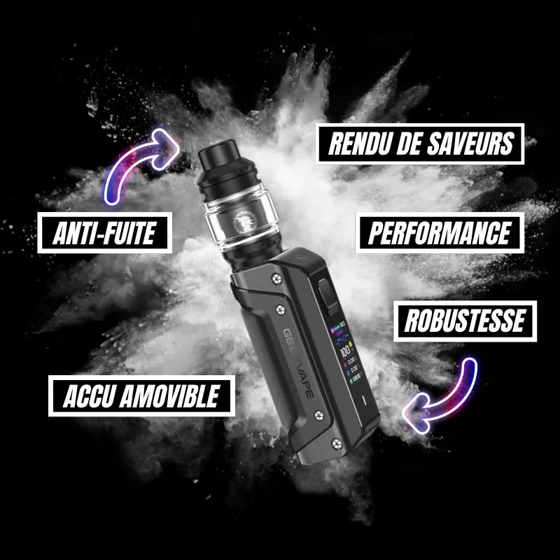 GeekVape Aegis Solo 3 – Kit 100W, accu 18650, clearomiseur Zeus 5.5 ml, résistances Z Series, recharge USB-C.
