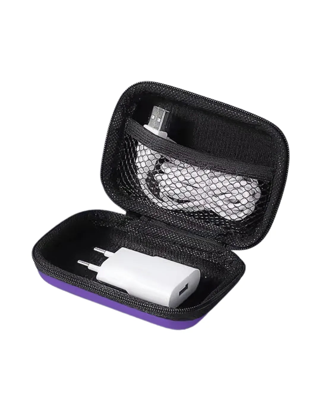Housse de transport vape mini ouverte avec rangement pour pod, câble USB, chargeur et accessoires de vape