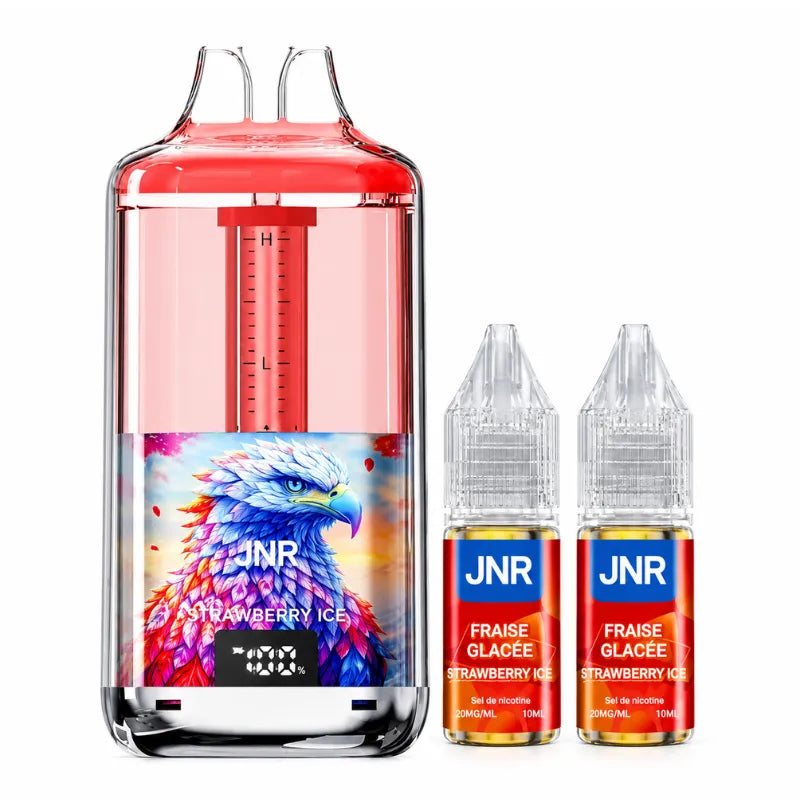 Puff rechargeable JNR Strawberry Ice saveur Fraise Glacée avec deux recharges e-liquide 20 mg/ml.