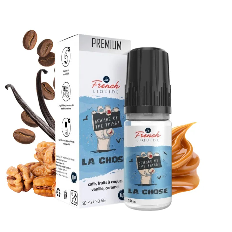 E-liquide La Chose 10 ml Le French Liquide – caramel beurre salé, café, noisette, noix de pécan et vanille, saveur gourmande et ronde.