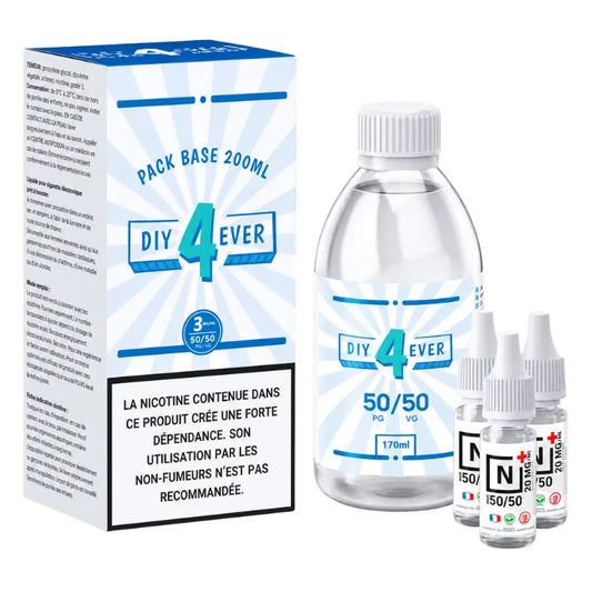 Pack base DIY 4 Ever 200 ml en ratio 50/50 PG/VG avec bouteille de base, boîte de présentation et boosters de nicotine sur fond clair.
