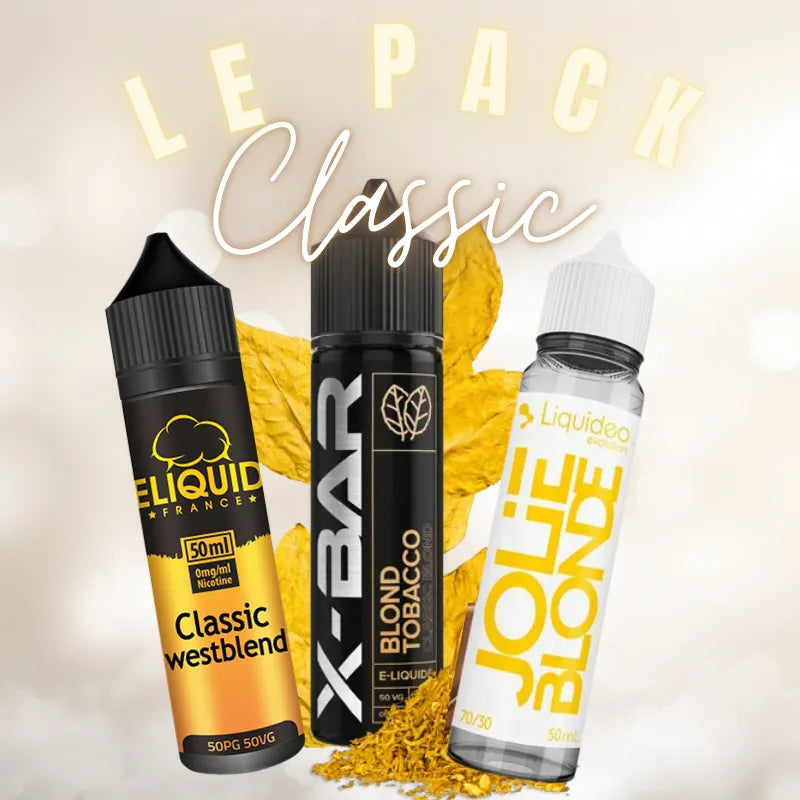 Pack Classic 50 ml avec trois e-liquides tabac blond : Westblend, Blond Tobacco X-BAR et Jolie Blonde Liquideo
