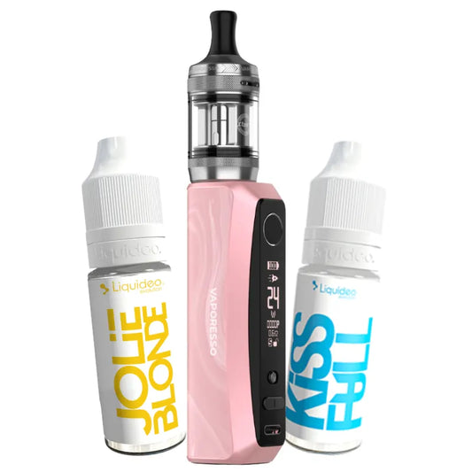 Pack Débutant Vaporesso GTX One Pro rose avec e-liquides Jolie Blonde tabac blond et Kiss Full menthol en 6 mg 