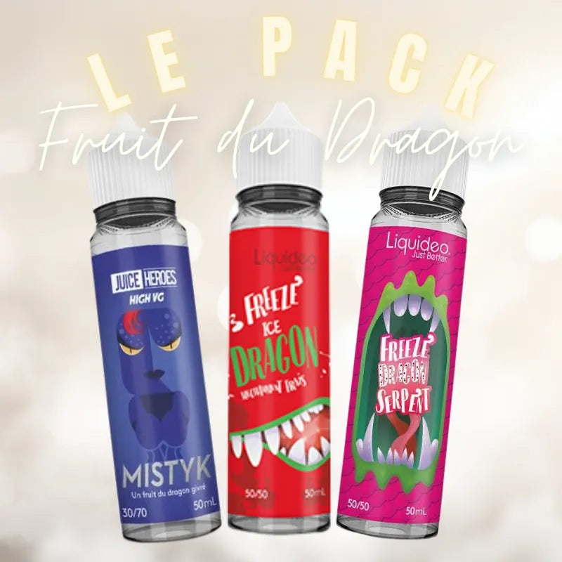 Pack Liquideo Fruit du Dragon avec trois e-liquides 50 ml : Freeze Ice Dragon, Mistyk et Freeze Dragon Serpent