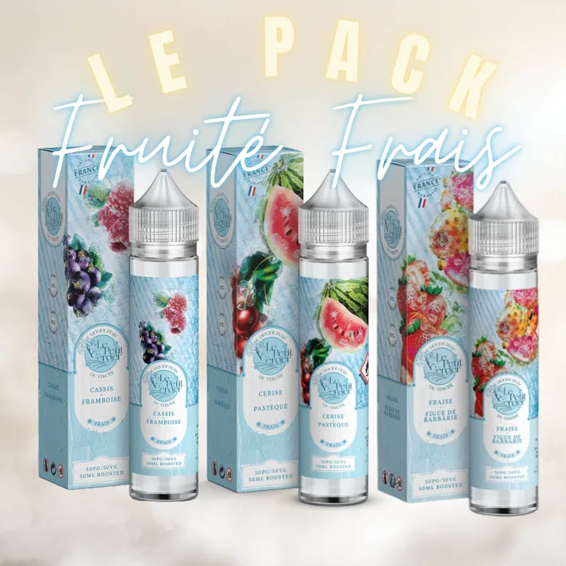 Pack Noël Fruité Frais Petit Verger avec trois e-liquides 50 ml Savourea : Cerise Pastèque givrée, Myrtille Framboise fraîche et Fraise Figue de Barbarie glacée