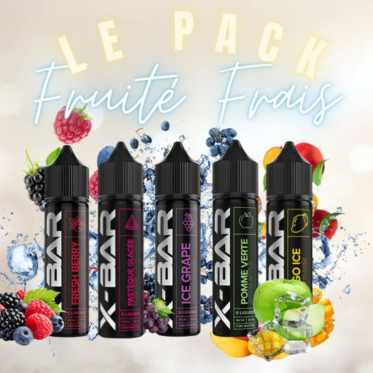 Pack Noël X-BAR Fruité Frais avec cinq e-liquides 50 ml : Fresh Berry, Pastèque Glacée, Ice Grape, Pomme Verte et Ice Mango