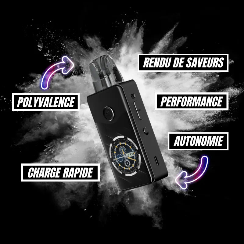 Pod Vinci E120 Voopoo couleur spray black, batterie 4500 mAh, puissance 120 W, écran TFT 2.6", cartouche 5 ml, résistances PnP X, design aluminium compact. 