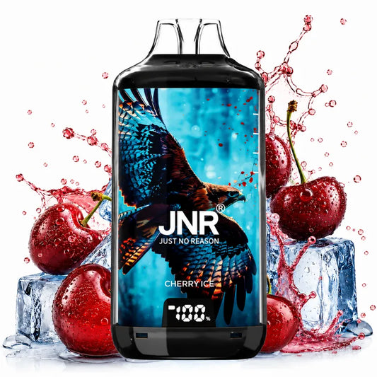 Puff JNR 28K Cerise Glacée (Cherry Ice) - puff cigarette électronique rechargeable offrant une saveur intense de cerise fraîche avec effet glacé, illustrée avec des cerises et des glaçons