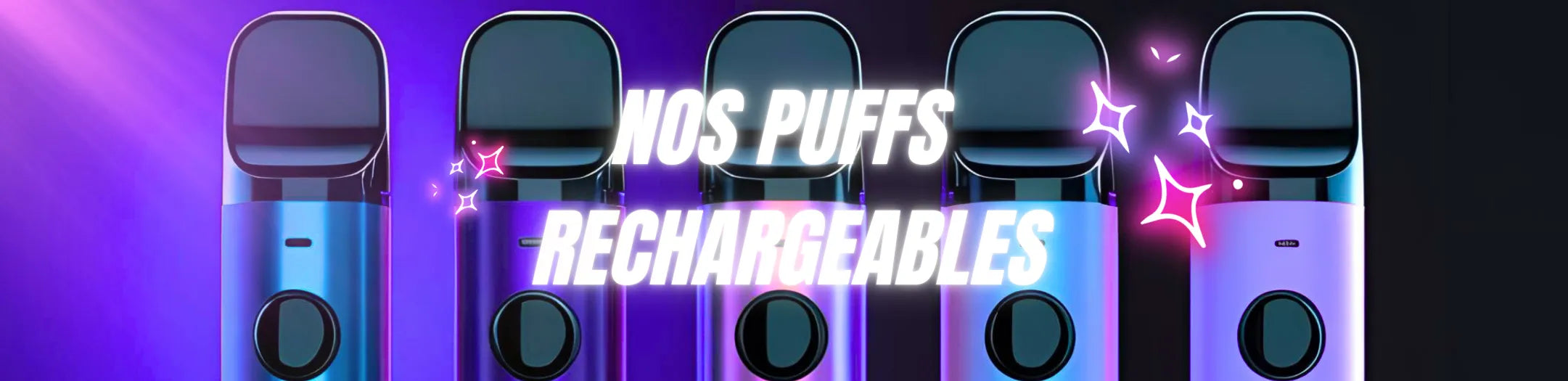 Puffs rechargeables premium pour cigarette électronique, au design métallique dégradé et élégant, offrant une grande autonomie, un rechargement rapide et une vapeur savoureuse, présentées sur fond violet et noir.