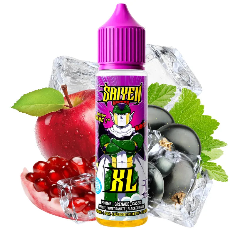 E-liquide swoke Saiyen Vapors XL 50ml saveur pomme, grenade et cassis glacé pour cigarette électronique avec effet frais intense