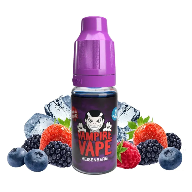 E-liquide Heisenberg 10 ml Vampire Vape – saveur fruitée et mentholée, recette secrète, fraîcheur intense.
