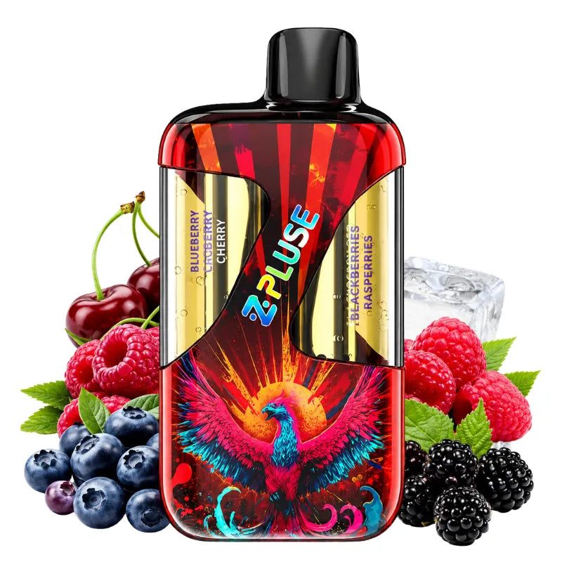 Cigarette électronique jetable Z Pulse sans nicotine aux saveurs myrtille, cerise, framboise et mûre glacées.